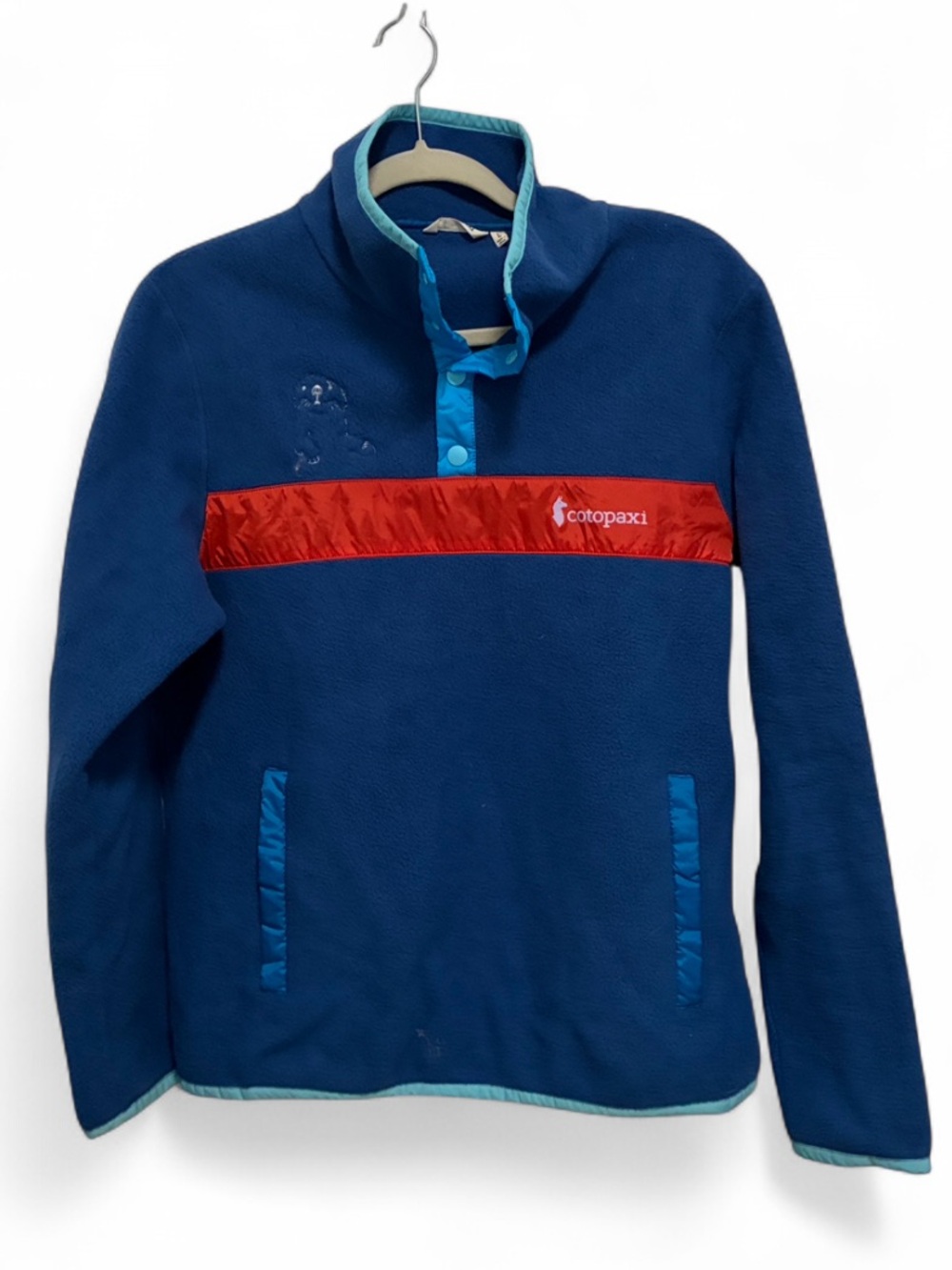 cotopaxi Blue Fleece Pullover Sweatshirt with Red Chest Panel